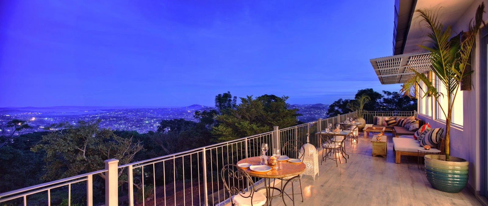 The Upside balcony with view evening at Latitude 0º Hotel Kampala (1)